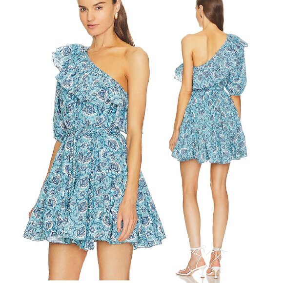 NEW RHODE OZZIE ONE SHOULDER DRESS IN AQUA LOTUS PRINT SIZE S - Picture 1 of 6